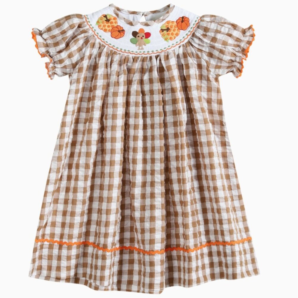 Gingham Turkey Pumpkin Smocked Dress Thanksgiving